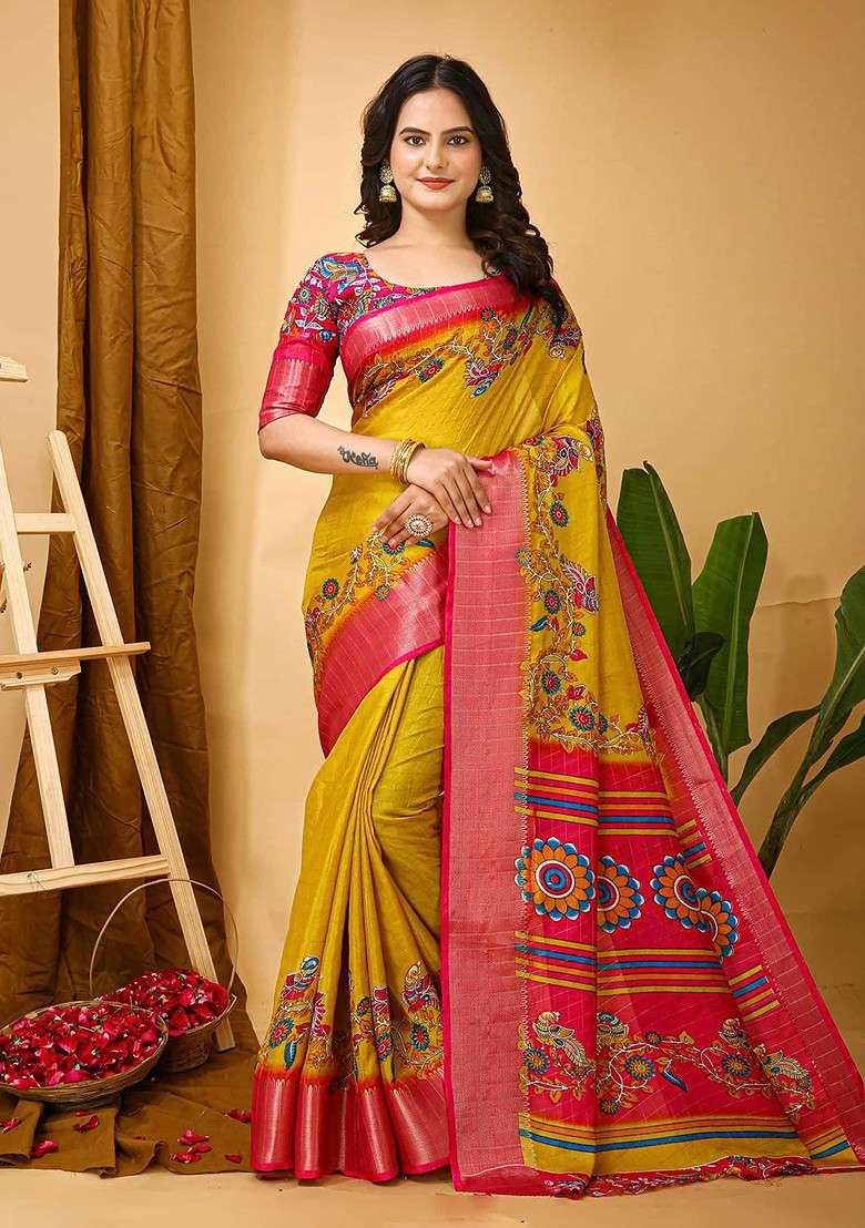 Yellow Embroidered Blended Saree Set - Indya