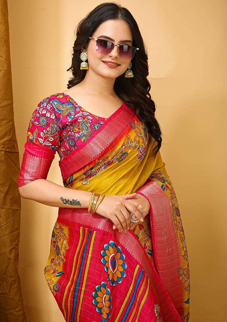 Yellow Embroidered Blended Saree Set - Indya