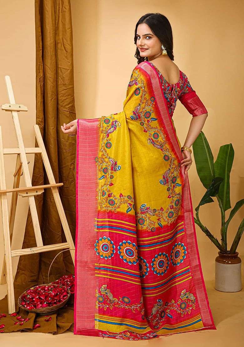 Yellow Embroidered Blended Saree Set - Indya