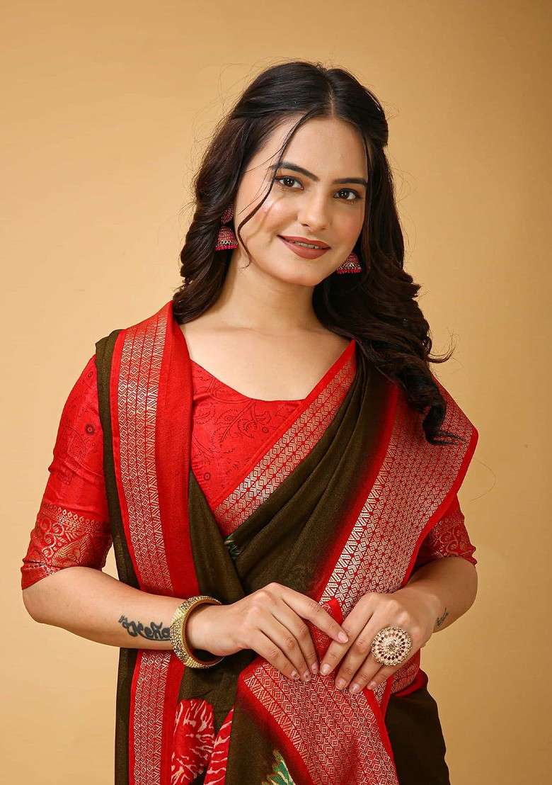Brown Jacquard Blended Saree Set - Indya