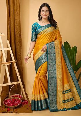 Yellow Jacquard Blended Saree Set