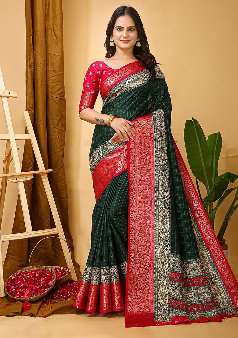 Green Jacquard Blended Saree Set - Indya