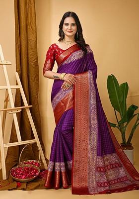 Purple Jacquard Blended Saree Set