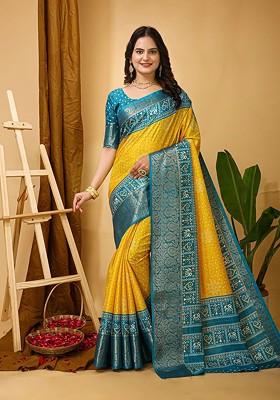 Yellow Printed Blended Saree Set