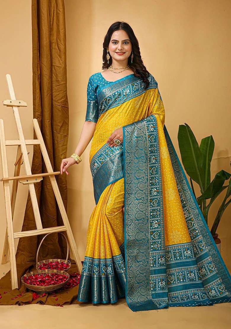 Yellow Printed Blended Saree Set - Indya