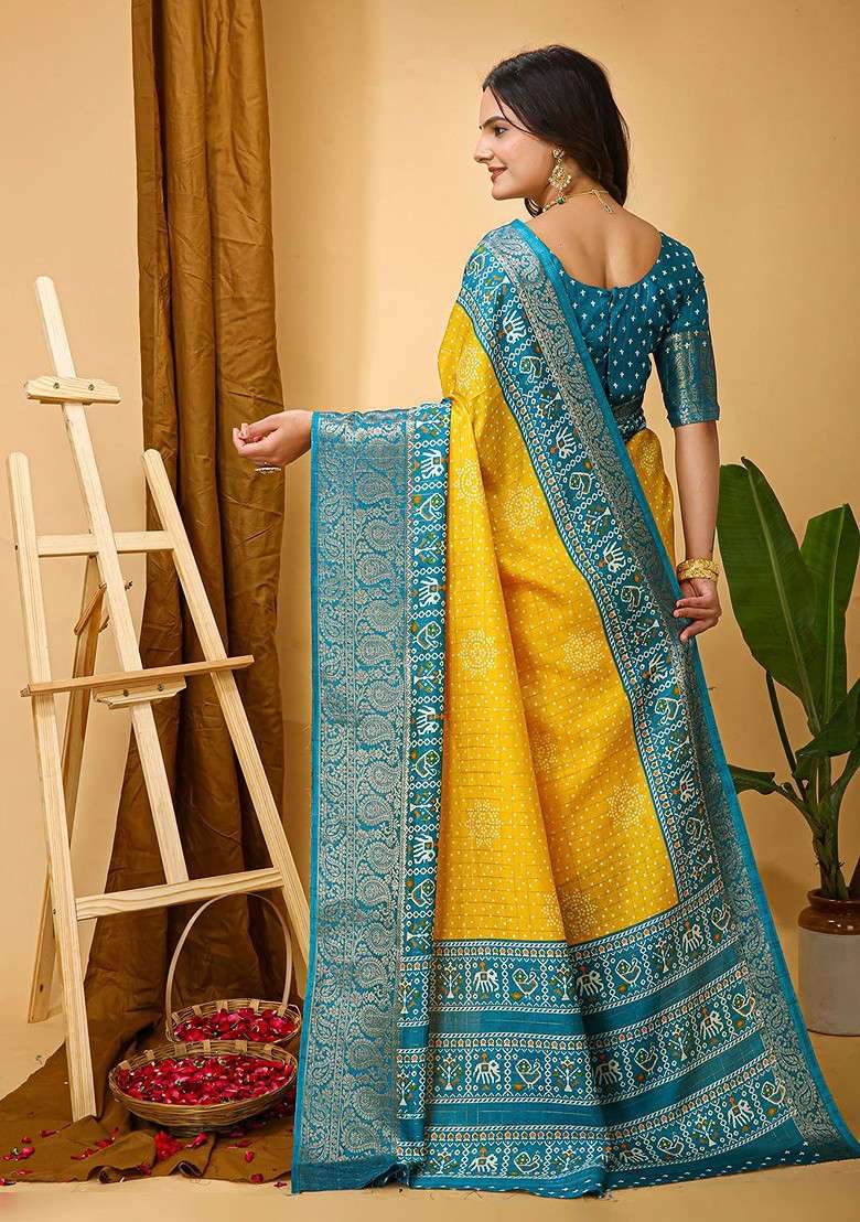 Yellow Printed Blended Saree Set - Indya