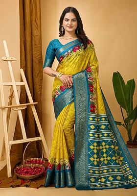 Yellow Embroidered Blended Saree Set