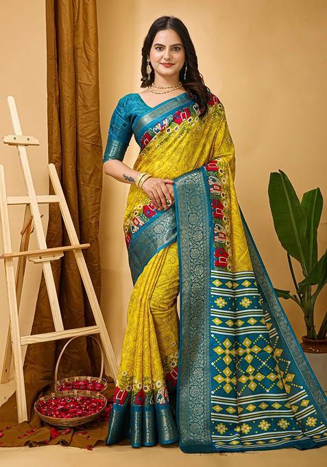 Yellow Embroidered Blended Saree Set