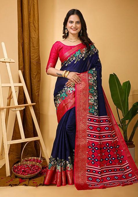 Blue Jacquard Blended Saree Set