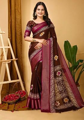 Brown Embroidered Blended Saree Set