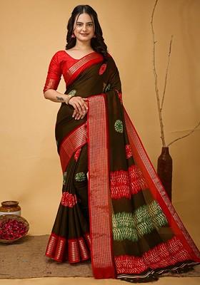 Black Embroidered Blended Saree Set