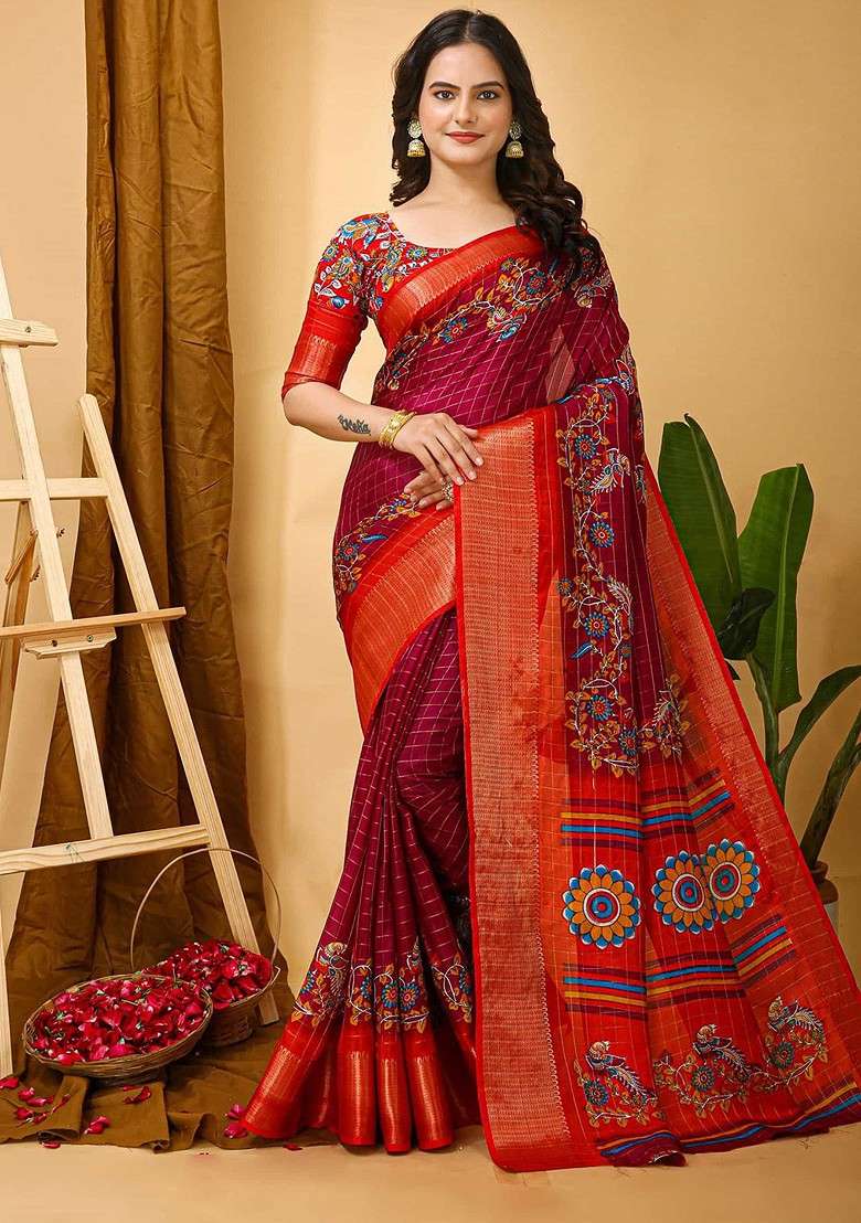 Red Embroidered Blended Saree Set - Indya
