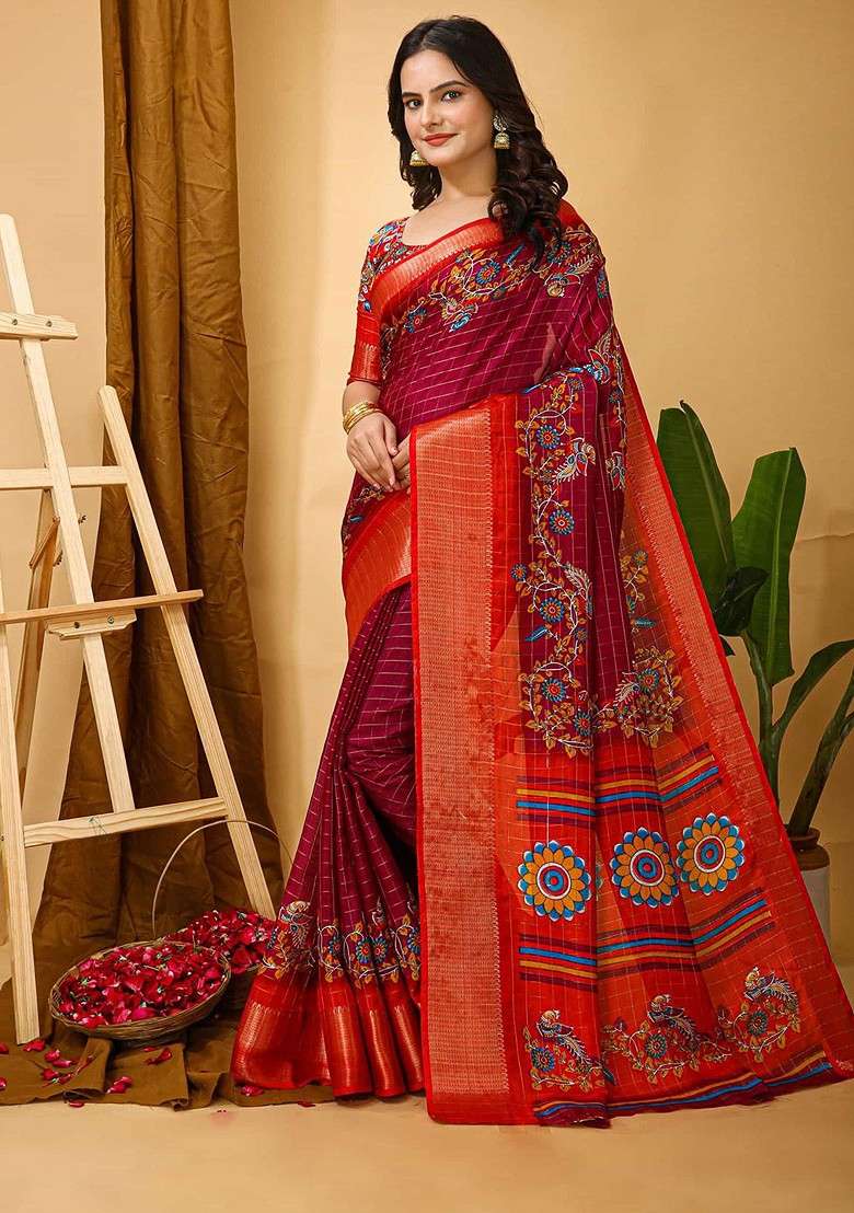 Red Embroidered Blended Saree Set - Indya