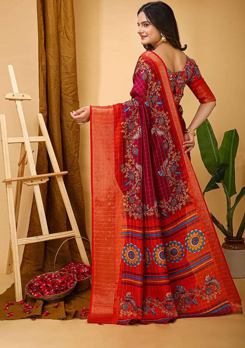 Red Embroidered Blended Saree Set - Indya