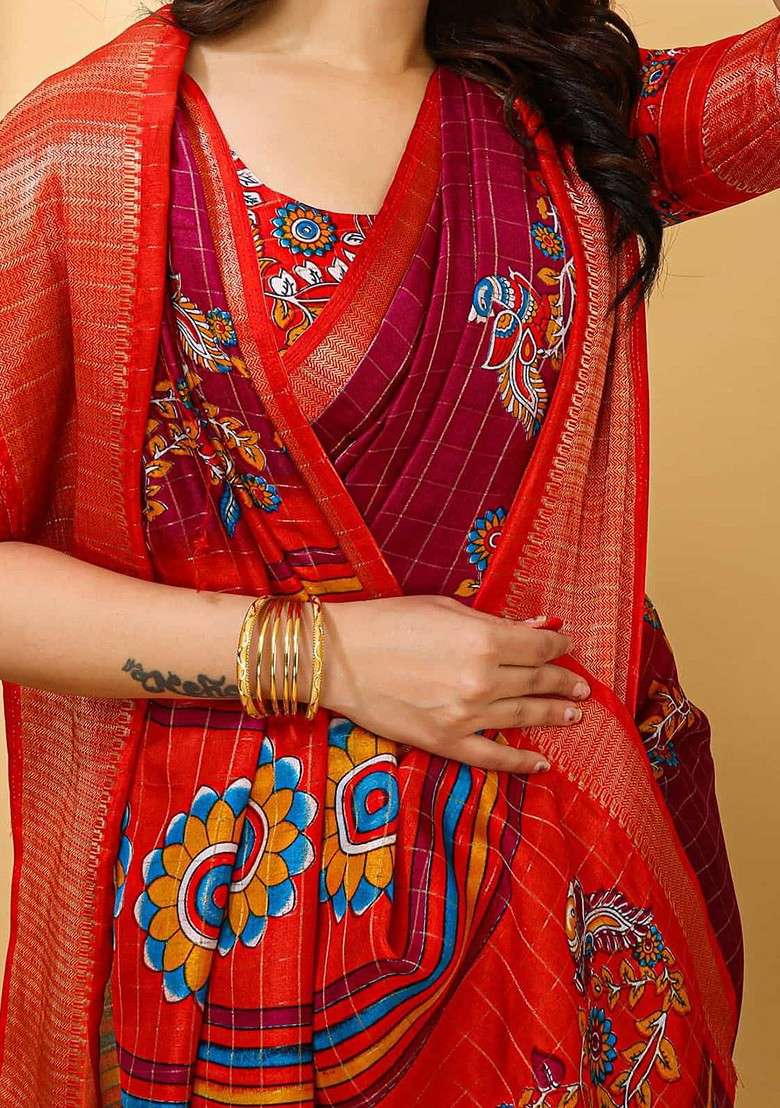 Red Embroidered Blended Saree Set - Indya
