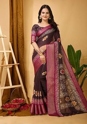 Brown Embroidered Blended Saree Set