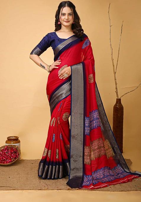 Red Jacquard Blended Saree Set