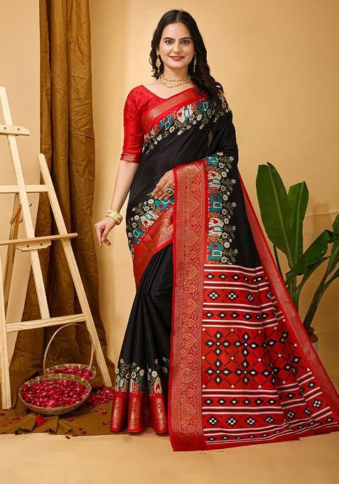 Black Jacquard Blended Saree Set — view on Indya