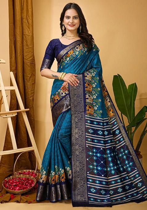 Blue Printed Blended Saree Set