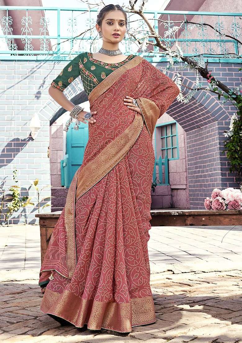 Pink Embroidered Blended Saree Set - Indya
