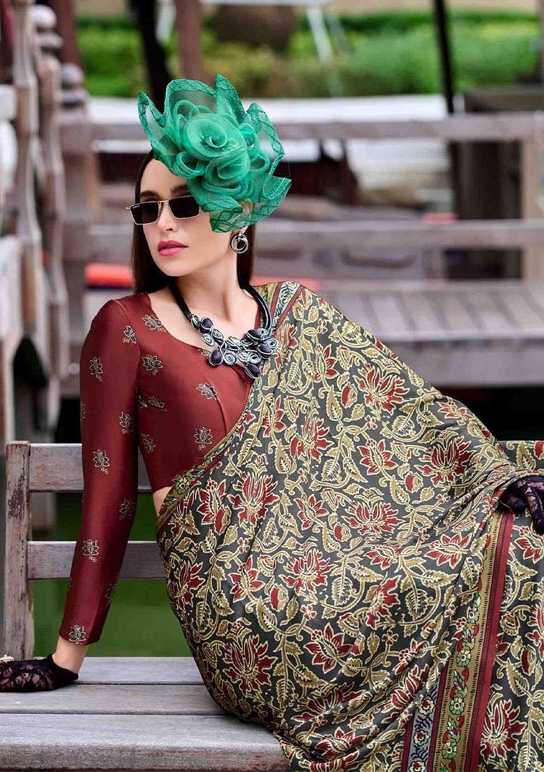 Olive Embroidered Blended Saree Set for Diwali and Festive Wear - Indya