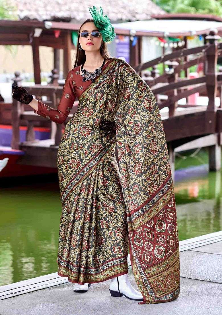 Olive Embroidered Blended Saree Set for Diwali and Festive Wear - Indya