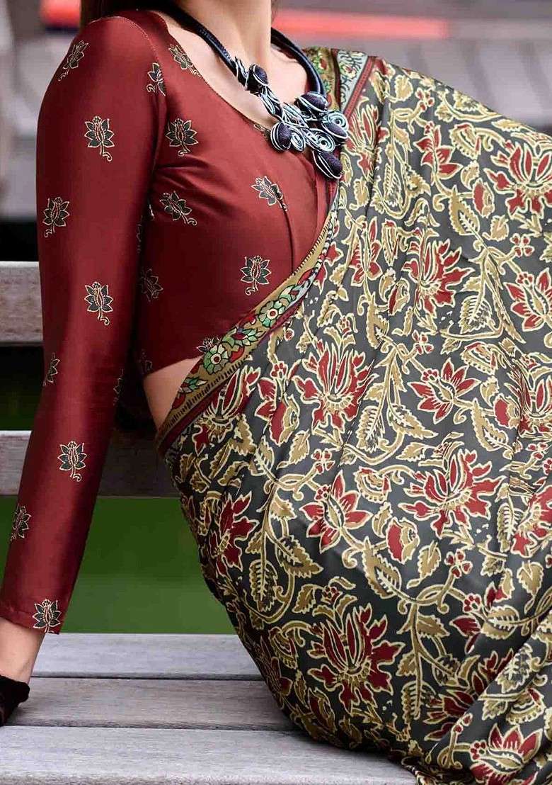 Olive Embroidered Blended Saree Set for Diwali and Festive Wear - Indya