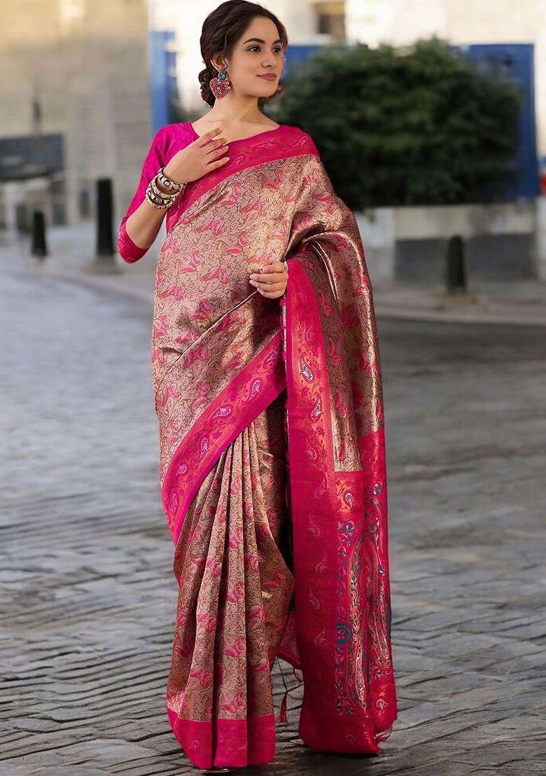 Brown Blended Saree Set with Embroidered for Diwali | Wedding & Festive Wear - Indya