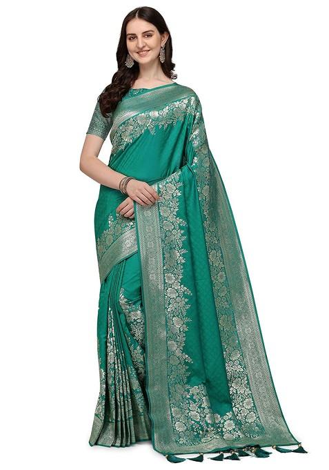 Green Embroidered Blended Saree Set