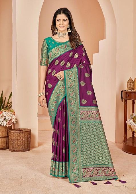Purple Embroidered Blended Saree Set