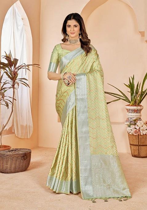 Green Embroidered Blended Saree Set