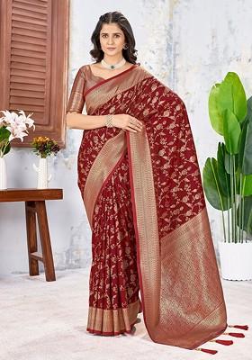 Maroon Embroidered Blended Saree Set