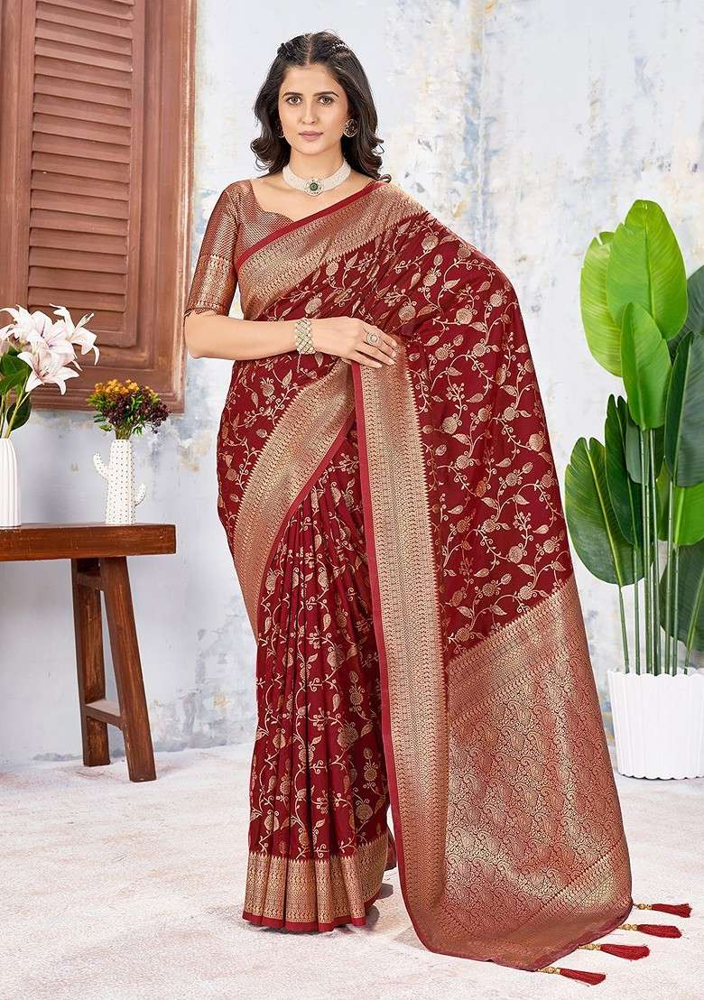 Maroon Embroidered Blended Saree Set for Diwali and Festive Wear - Indya