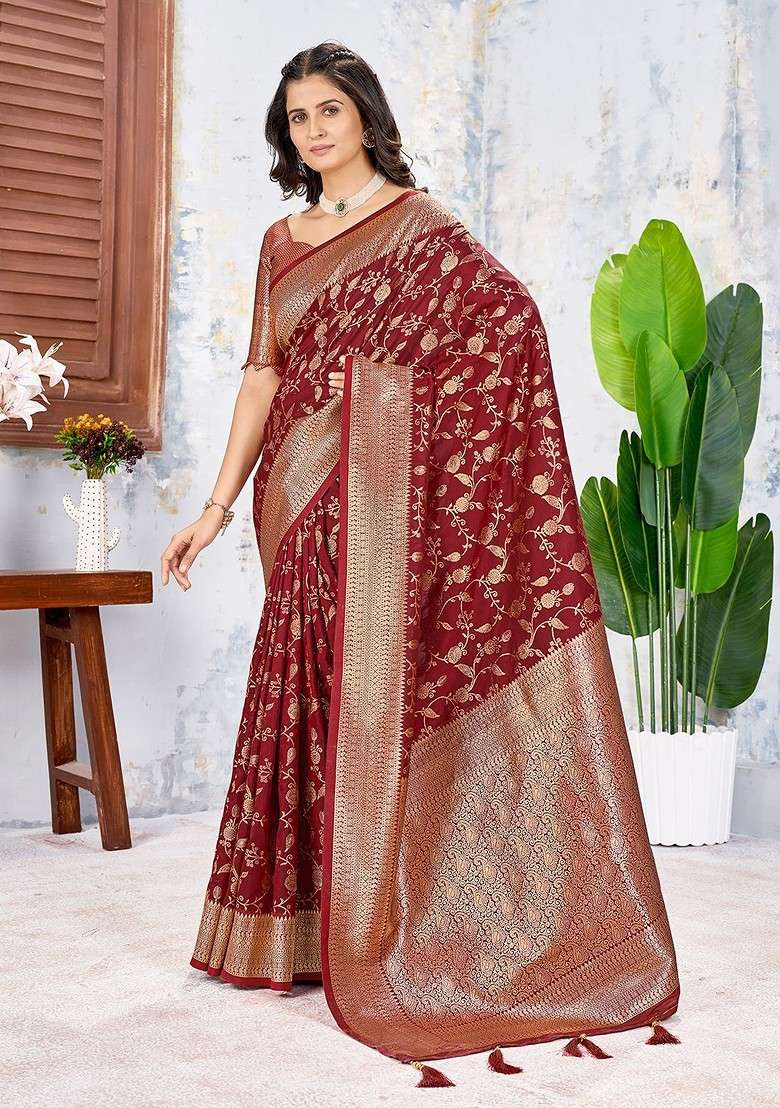 Maroon Embroidered Blended Saree Set for Diwali and Festive Wear - Indya