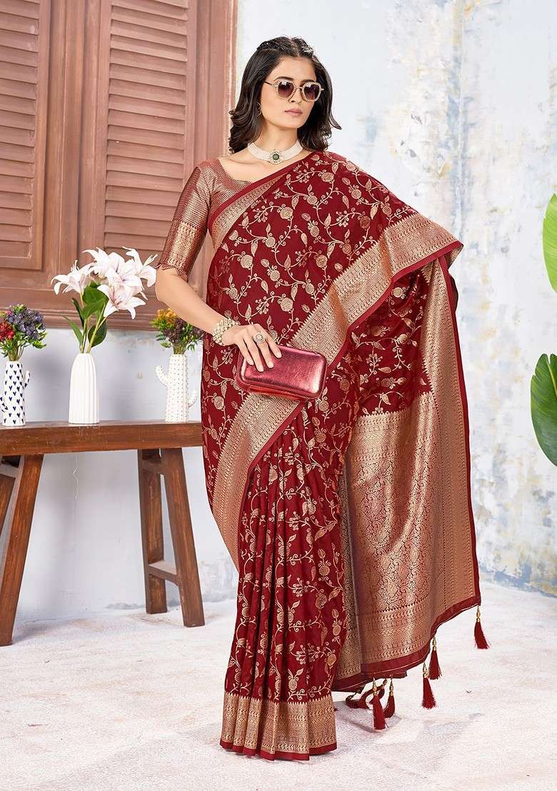 Maroon Embroidered Blended Saree Set for Diwali and Festive Wear - Indya