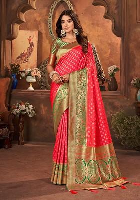Red Embroidered Blended Saree Set