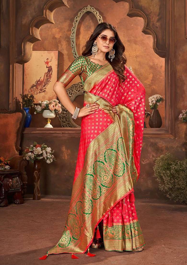 Red Blended Saree Set with Embroidered for Diwali | Wedding & Festive Wear - Indya