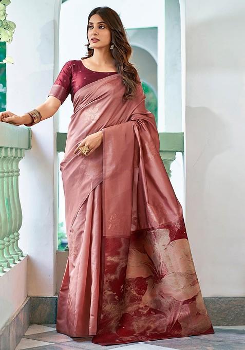 Peach Printed Blended Saree Set