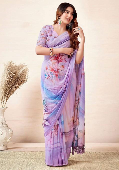 Lavender Printed Blended Saree Set