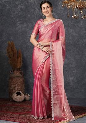 Pink Embellished Blended Saree Set