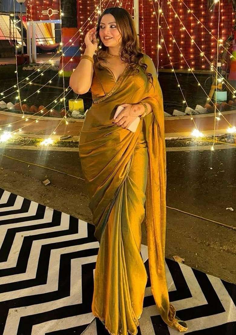 Gold Embroidered Blended Saree Set for Diwali and Festive Wear - Indya