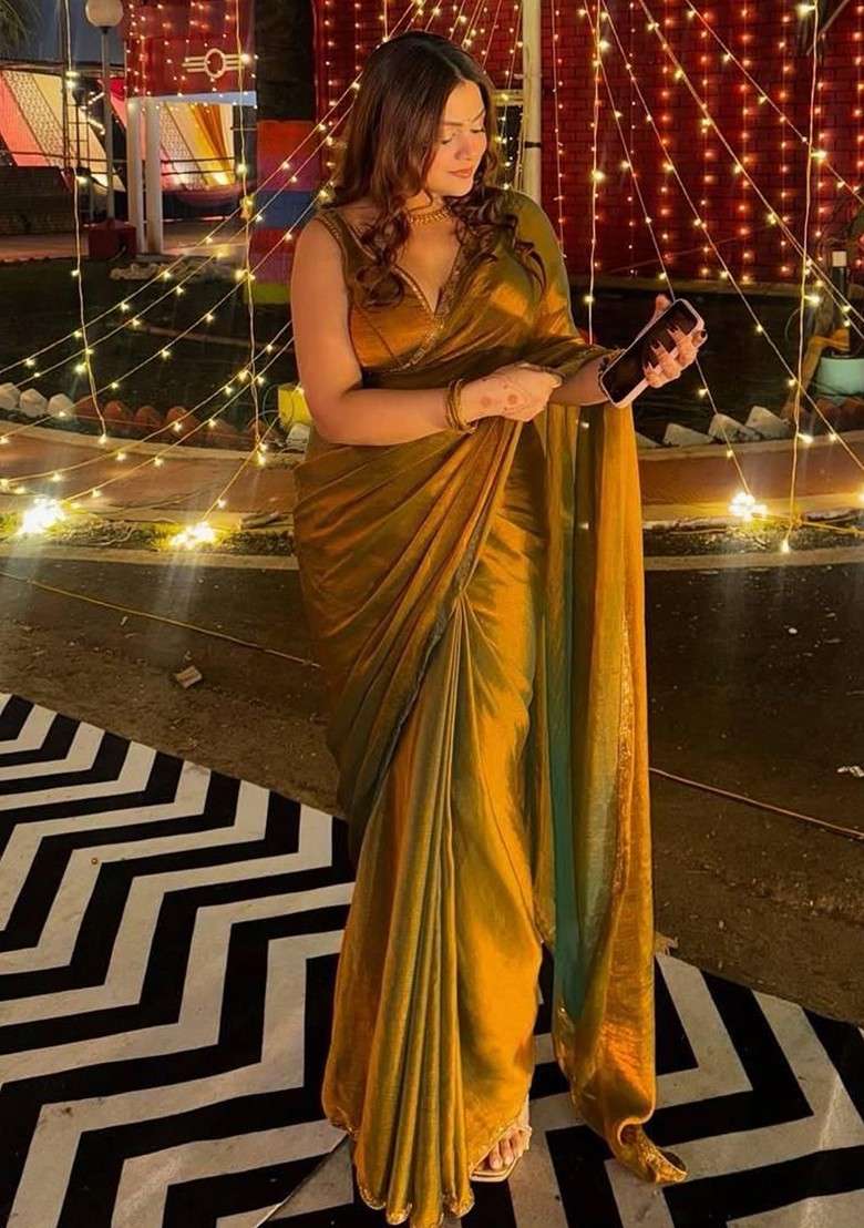 Gold Embroidered Blended Saree Set - Indya