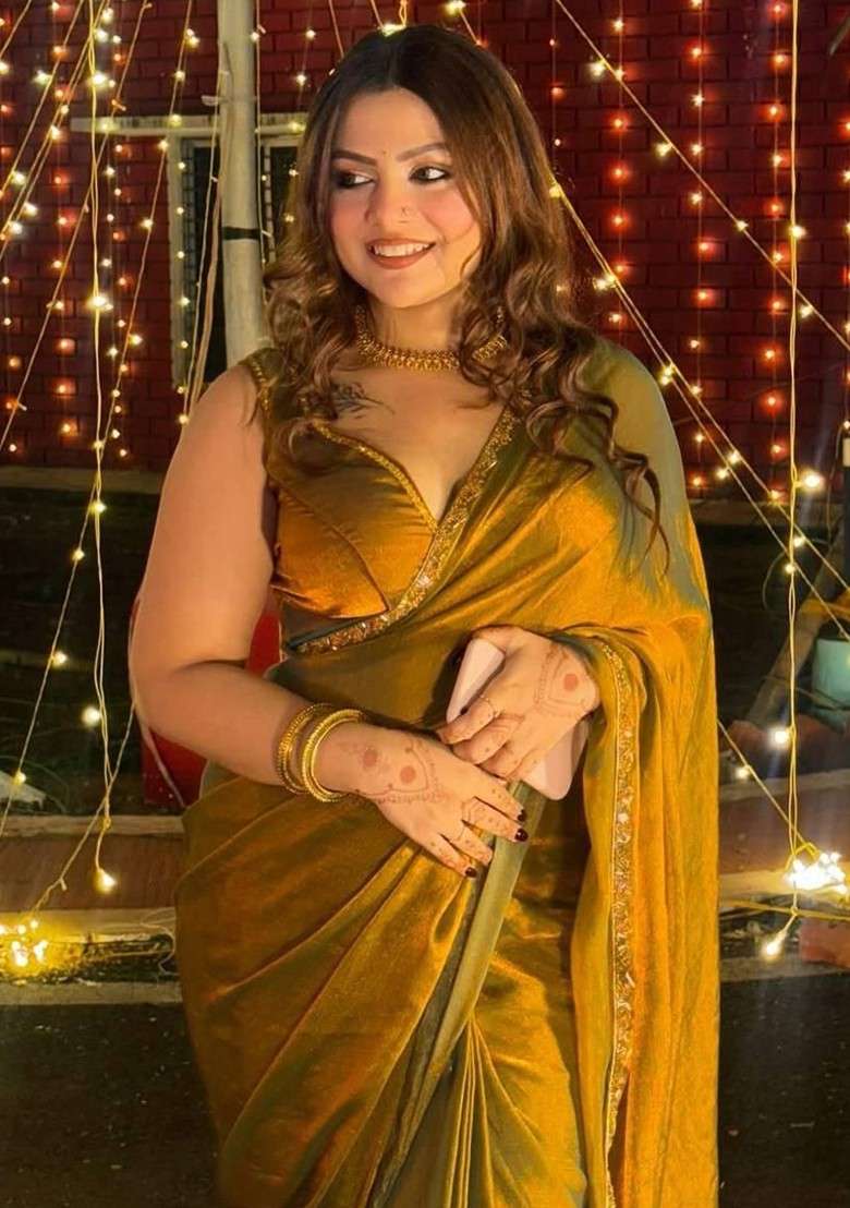 Gold Embroidered Blended Saree Set for Diwali and Festive Wear - Indya