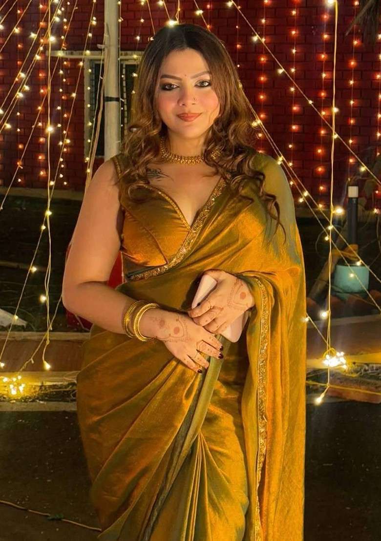 Gold Embroidered Blended Saree Set - Indya