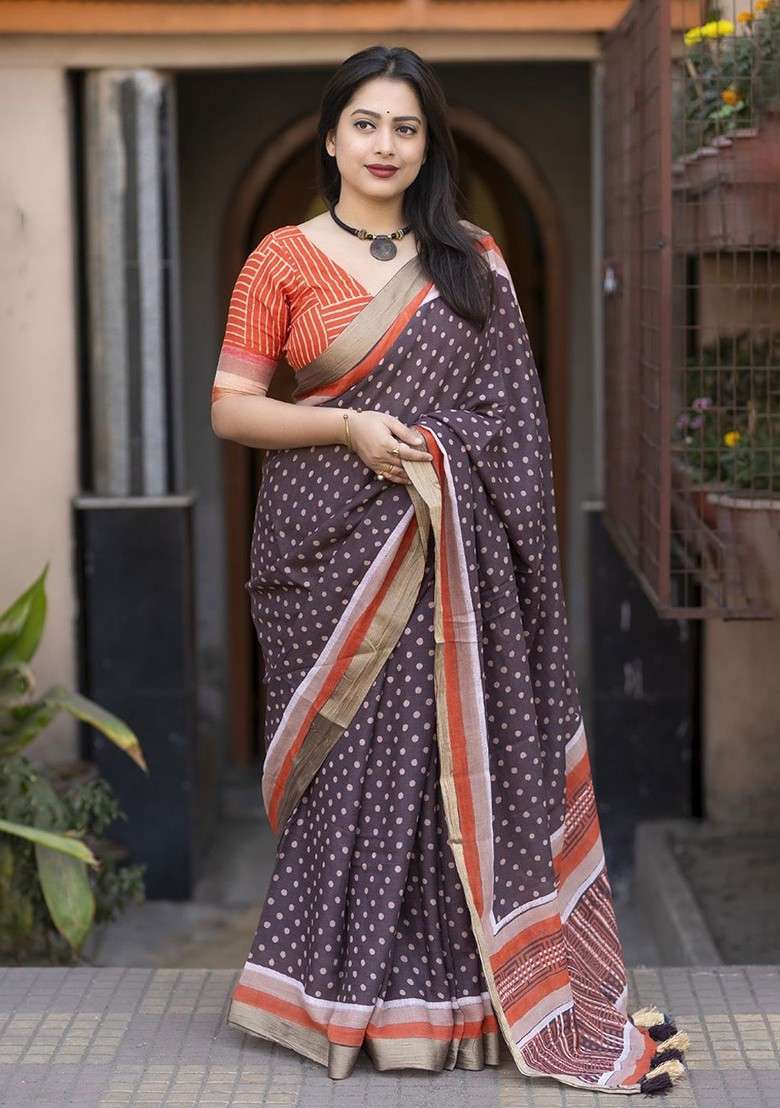 Coffee Brown Blended Saree Set with Printed for Diwali | Wedding & Festive Wear - Indya