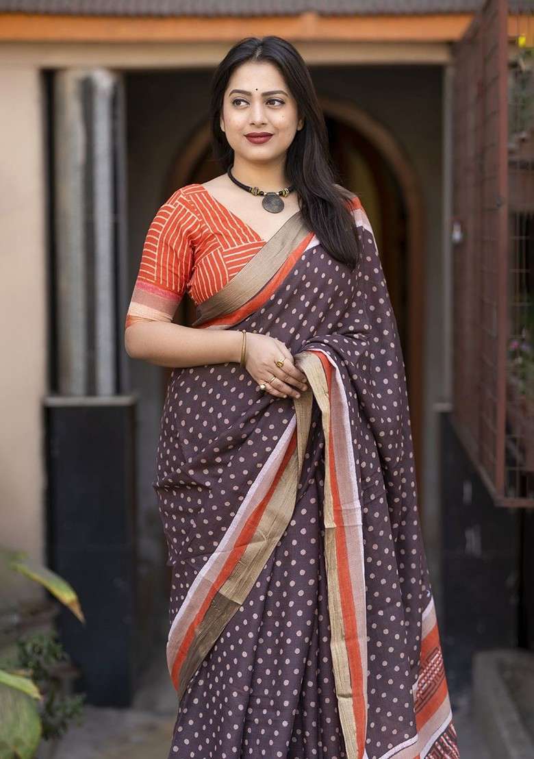 Coffee Brown Blended Saree Set with Printed for Diwali | Wedding & Festive Wear - Indya