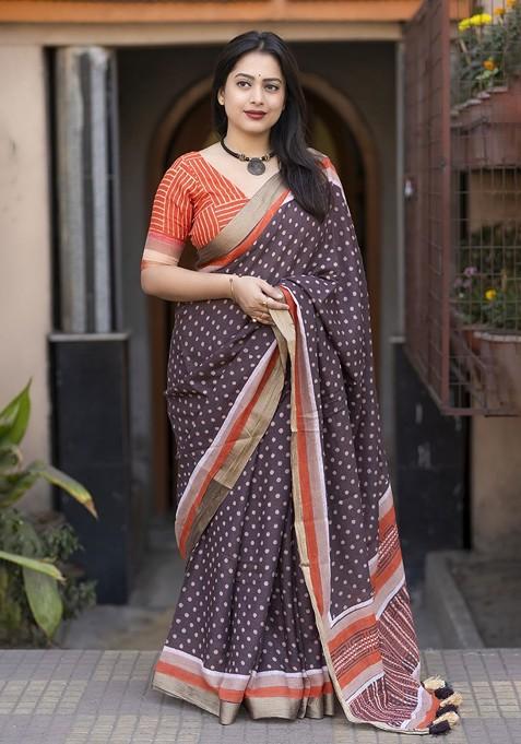Coffee Brown Printed Blended Saree Set — view on Indya