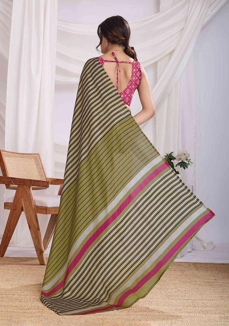 Olive Embroidered Blended Saree Set for Diwali and Festive Wear - Indya