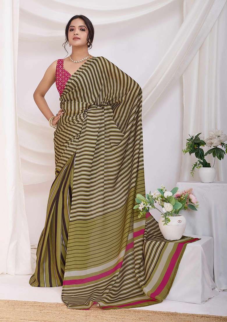 Olive Embroidered Blended Saree Set for Diwali and Festive Wear - Indya