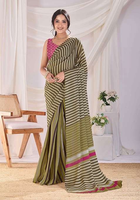 Olive Embroidered Blended Saree Set for Diwali and Festive Wear